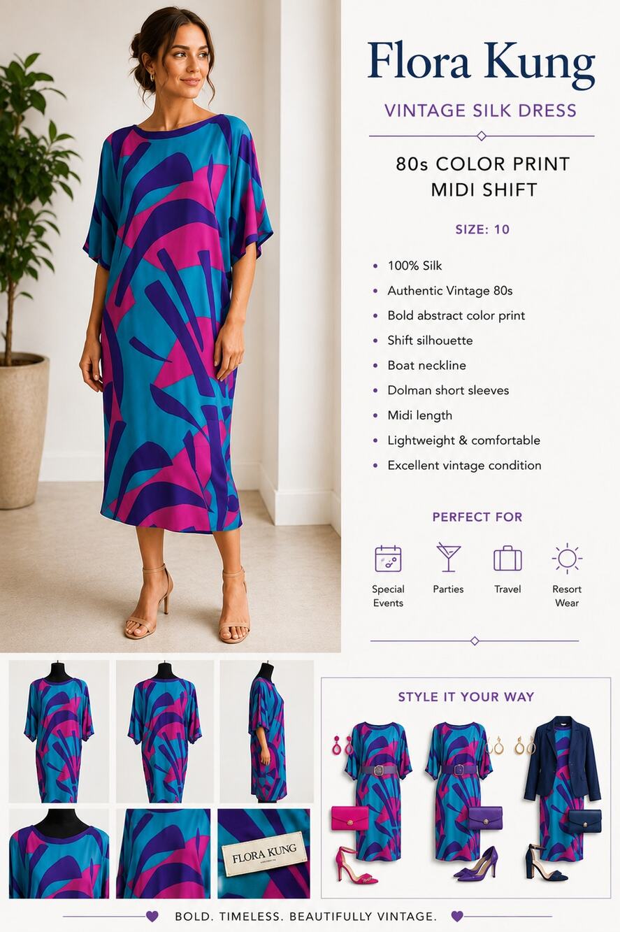 Vintage Flora Kung Silk Shift Dress Abstract Midi Blue Pink 80s Art To Wear 10